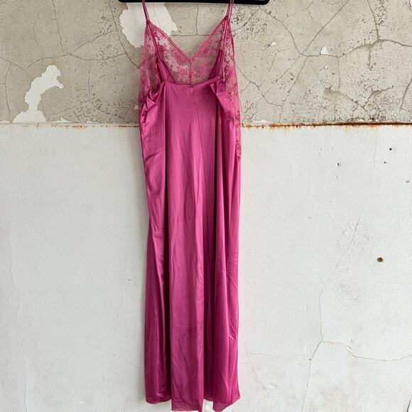 Vtg Maxi Slip Dress Hot Pink Lace 90s Nylon Lingerie Nightgown Coquette Womens M - Picture 5 of 8
